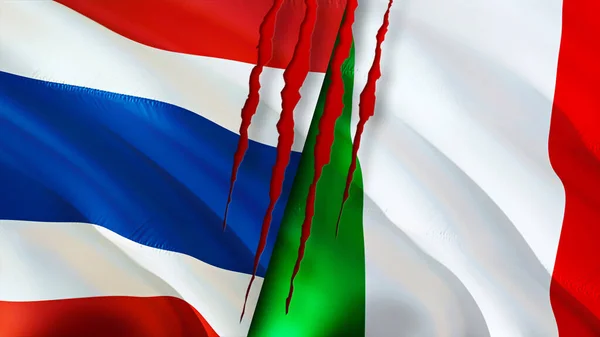 タイとイタリアは傷の概念でフラグを立てます 旗を振って3Dレンダリング タイとイタリアの紛争の概念 タイイタリア関係の概念 タイとイタリアの危機戦争攻撃の旗 Conep — ストック写真