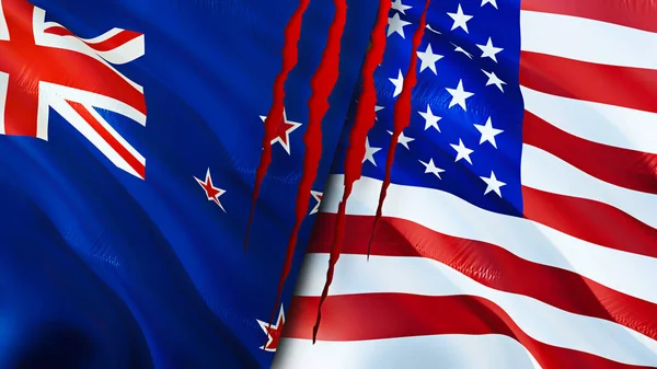 New Zealand and United States flags with scar concept. Waving flag 3D rendering. New Zealand and United States conflict concept. New Zealand United States relations concept. flag of New Zealand an