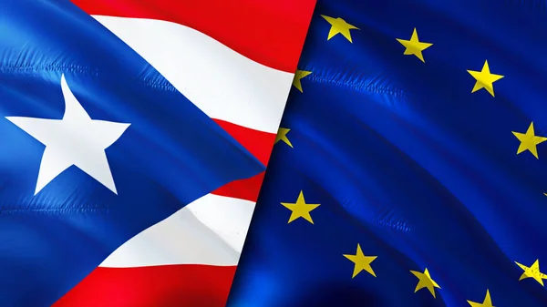 Puerto Rico and European Union flags. 3D Waving flag design. Puerto Rico European Union flag, picture, wallpaper. Puerto Rico vs European Union image,3D rendering. Puerto Rico European Unio