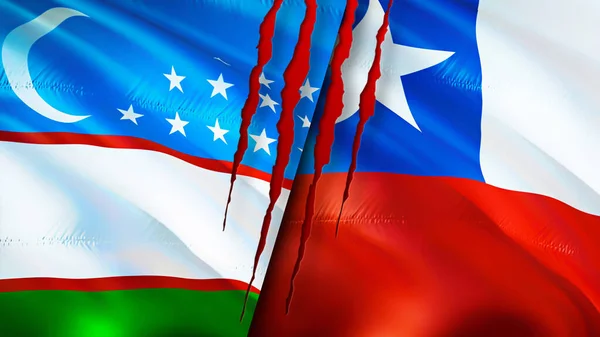 Uzbekistan and Chile flags with scar concept. Waving flag,3D rendering. Uzbekistan and Chile conflict concept. Uzbekistan Chile relations concept. flag of Uzbekistan and Chile crisis,war, attac