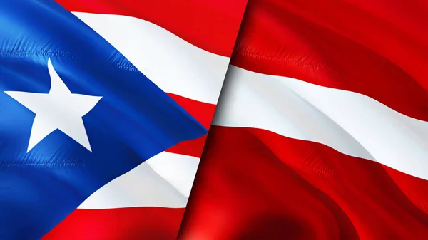 プエルトリコとラトビアの国旗 3D波動旗のデザイン プエルトリコラトビアの国旗 プエルトリコ対ラトビアの画像 3Dレンダリング プエルトリコラトビアの関係 — ストック写真