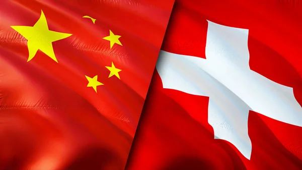 China and Switzerland flags. 3D Waving flag design. China Switzerland flag, picture, wallpaper. China vs Switzerland image,3D rendering. China Switzerland relations alliance and Trade,travel,touris