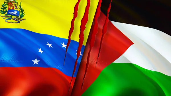 Venezuela and Palestine flags with scar concept. Waving flag,3D rendering. Venezuela and Palestine conflict concept. Venezuela Palestine relations concept. flag of Venezuela and Palestin