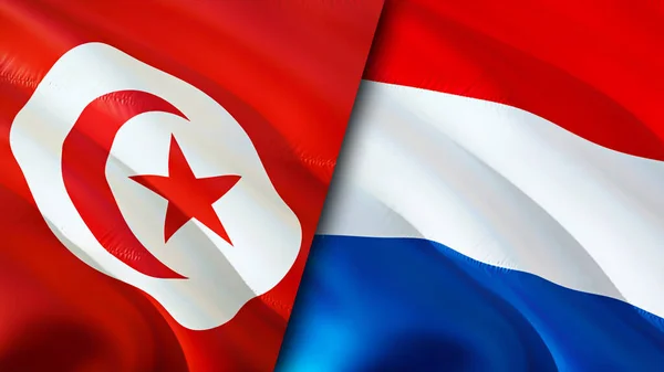Tunisia and Netherlands flags. 3D Waving flag design. Tunisia Netherlands flag, picture, wallpaper. Tunisia vs Netherlands image,3D rendering. Tunisia Netherlands relations alliance an