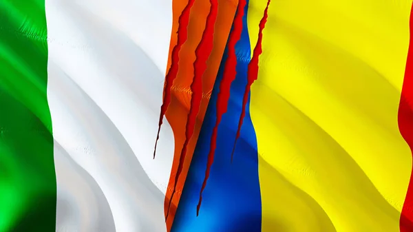 Irlandia Rumunia Flagi Blizną Koncepcji Macha Flagą Renderowania Koncepcja Konfliktu — Zdjęcie stockowe
