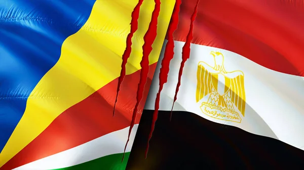 Seychelles and Egypt flags with scar concept. Waving flag,3D rendering. Seychelles and Egypt conflict concept. Seychelles Egypt relations concept. flag of Seychelles and Egypt crisis,war, attac