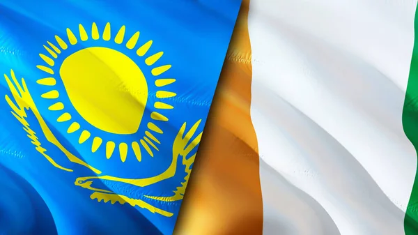 Kazakhstan and Cote d\'Ivoire flags. 3D Waving flag design. Kazakhstan Cote d\'Ivoire flag, picture, wallpaper. Kazakhstan vs Cote d\'Ivoire image,3D rendering. Kazakhstan Cote d\'Ivoire relation
