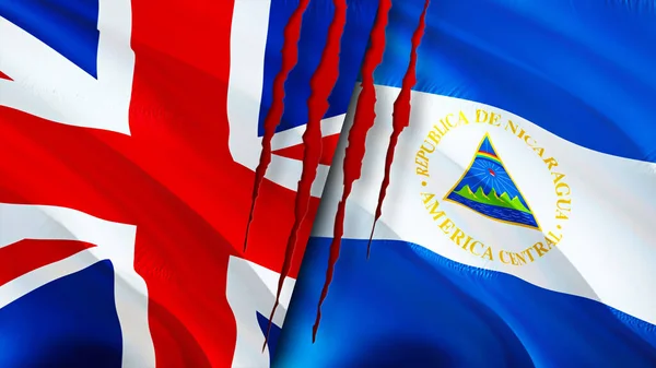 United Kingdom and Nicaragua flags with scar concept. Waving flag,3D rendering. United Kingdom and Nicaragua conflict concept. United Kingdom Nicaragua relations concept. flag of United Kingdom an