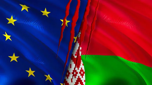 European Union and Belarus flags with scar concept. Waving flag,3D rendering. European Union and Belarus conflict concept. European Union Belarus relations concept. flag of European Union an