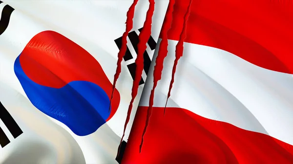 South Korea and Austria flags with scar concept. Waving flag,3D rendering. South Korea and Austria conflict concept. South Korea Austria relations concept. flag of South Korea and Austri