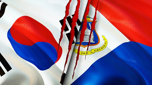 Zuid Korea Sint Maarten Vlaggen Met Litteken Concept Wuivende Vlag — Stockfoto