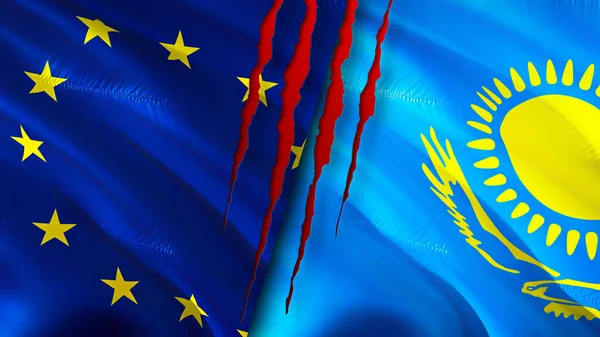 European Union and Kazakhstan flags with scar concept. Waving flag,3D rendering. European Union and Kazakhstan conflict concept. European Union Kazakhstan relations concept. flag of European Unio