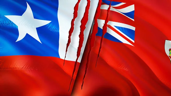 智利和百慕大的国旗上有疤痕的概念 飘扬的旗帜 3D渲染 智利和百慕大冲突概念 智利百慕大关系概念 智利国旗和百慕大危机 — 图库照片