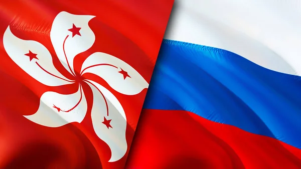 Hong Kong and Russia flags. 3D Waving flag design. Hong Kong Russia flag, picture, wallpaper. Hong Kong vs Russia image,3D rendering. Hong Kong Russia relations alliance and Trade,travel,touris