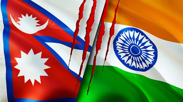 Nepal and India flags with scar concept. Waving flag,3D rendering. Nepal and India conflict concept. Nepal India relations concept. flag of Nepal and India crisis,war, attack concep