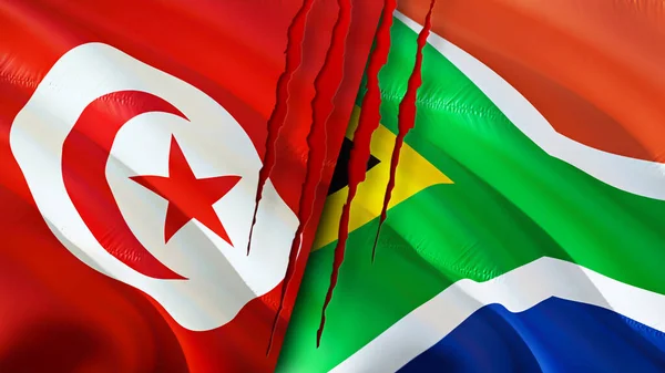 Tunisia and South Africa flags with scar concept. Waving flag,3D rendering. Tunisia and South Africa conflict concept. Tunisia South Africa relations concept. flag of Tunisia and South Afric