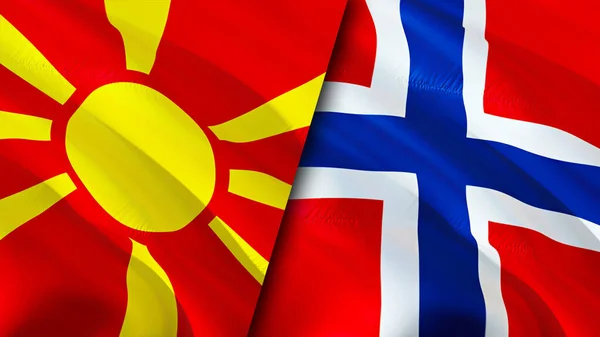 North Macedonia and Norway flags. 3D Waving flag design. North Macedonia Norway flag, picture, wallpaper. North Macedonia vs Norway image,3D rendering. North Macedonia Norway relations alliance an