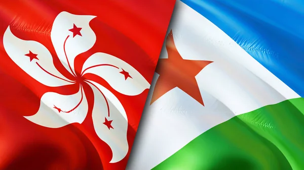 Hong Kong and Djibouti flags. 3D Waving flag design. Hong Kong Djibouti flag, picture, wallpaper. Hong Kong vs Djibouti image,3D rendering. Hong Kong Djibouti relations alliance an
