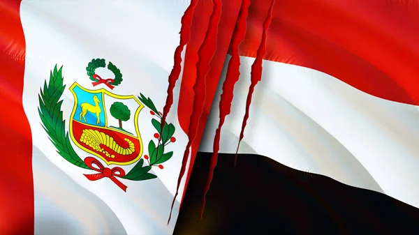 Banderas Perú Yemen Con Concepto Cicatriz Bandera Ondeante Representación Perú — Foto de Stock