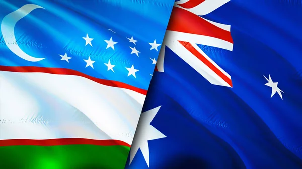 Uzbekistan and Australia flags. 3D Waving flag design. Uzbekistan Australia flag, picture, wallpaper. Uzbekistan vs Australia image,3D rendering. Uzbekistan Australia relations alliance an
