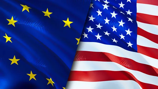 European Union and United States flags. 3D Waving flag design. European Union United States flag, picture, wallpaper. European Union vs United States image,3D rendering. European Union United State