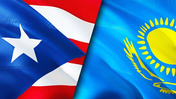Puerto Rico and Kazakhstan flags. 3D Waving flag design. Puerto Rico Kazakhstan flag, picture, wallpaper. Puerto Rico vs Kazakhstan image,3D rendering. Puerto Rico Kazakhstan relations alliance an