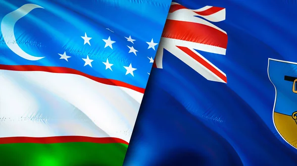 乌兹别克斯坦和蒙特塞拉特的国旗 3D波浪旗帜设计 乌兹别克斯坦蒙特塞拉特国旗 乌兹别克斯坦对蒙特塞拉特图像 3D渲染 乌兹别克斯坦蒙特塞拉特关系联盟 — 图库照片