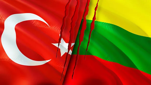 Turkey and Lithuania flags with scar concept. Waving flag,3D rendering. Turkey and Lithuania conflict concept. Turkey Lithuania relations concept. flag of Turkey and Lithuania crisis,war, attac