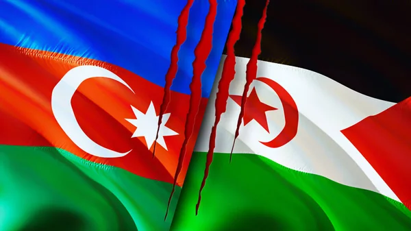 Azerbaijan and Western Sahara flags with scar concept. Waving flag,3D rendering. Azerbaijan and Western Sahara conflict concept. Azerbaijan Western Sahara relations concept. flag of Azerbaijan an