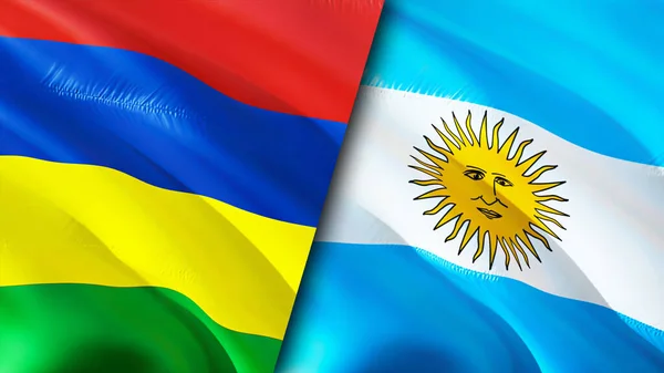 Mauritius and Argentina flags. 3D Waving flag design. Mauritius Argentina flag, picture, wallpaper. Mauritius vs Argentina image,3D rendering. Mauritius Argentina relations alliance an