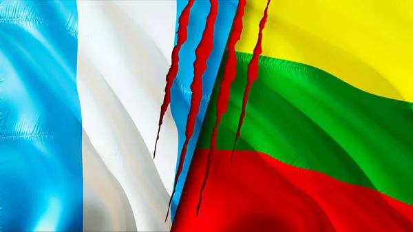 Guatemala and Lithuania flags with scar concept. Waving flag 3D rendering. Guatemala and Lithuania conflict concept. Guatemala Lithuania relations concept. flag of Guatemala and Lithuani