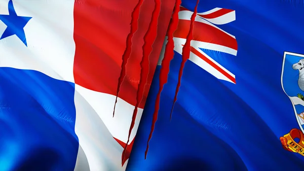 具有疤痕概念的巴拿马和福克兰群岛国旗 飘扬的旗帜 3D渲染 巴拿马和福克兰群岛冲突概念 巴拿马福克兰群岛关系概念 巴拿马和福克兰群岛的国旗 — 图库照片