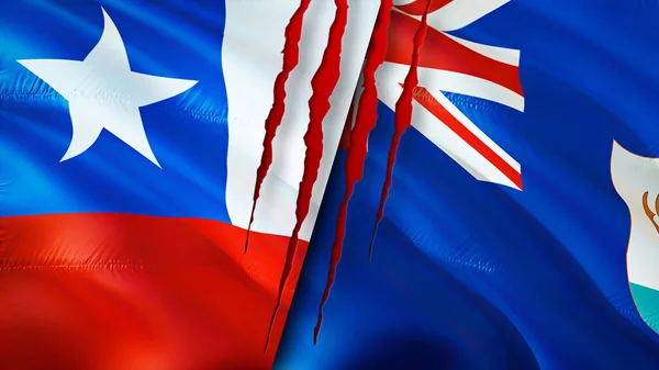 智利和安圭拉的国旗带有伤疤概念 飘扬的旗帜 3D渲染 智利和安圭拉冲突概念 智利安圭拉关系概念 智利和安圭拉的国旗危机 — 图库照片
