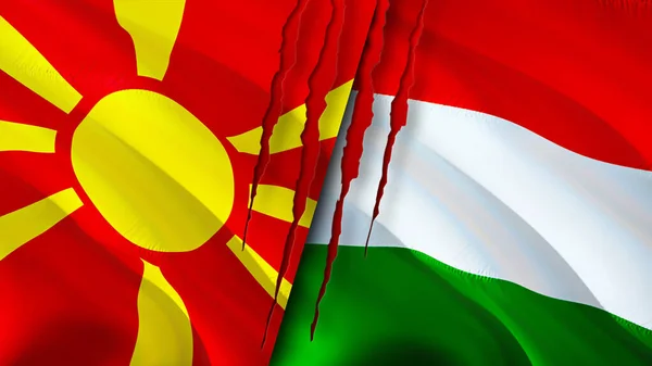 North Macedonia and Hungary flags with scar concept. Waving flag,3D rendering. North Macedonia and Hungary conflict concept. North Macedonia Hungary relations concept. flag of North Macedonia an