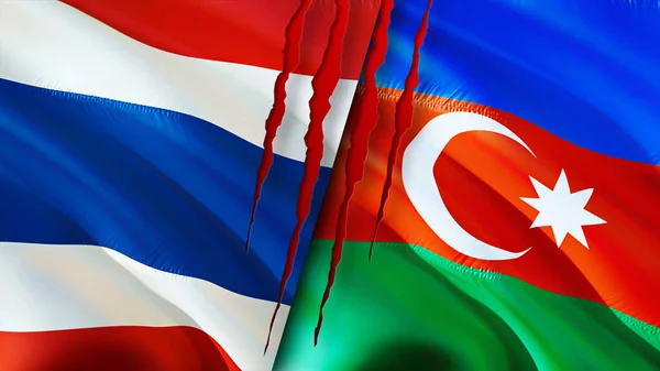 Thailand and Azerbaijan flags with scar concept. Waving flag,3D rendering. Thailand and Azerbaijan conflict concept. Thailand Azerbaijan relations concept. flag of Thailand and Azerbaija