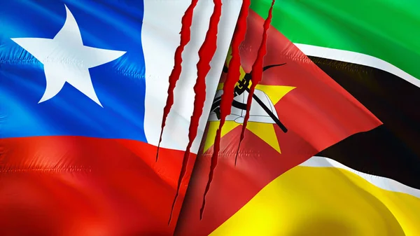 Flagi Chile Mozambiku Blizną Machanie Flagą Renderowanie Koncepcja Konfliktu Chile — Zdjęcie stockowe