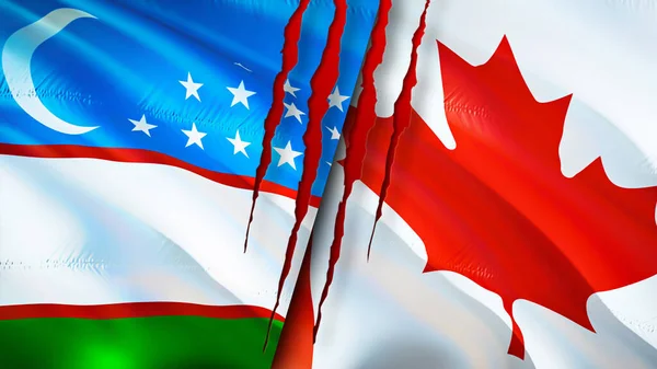 Uzbekistán Canadá Banderas Con Concepto Cicatriz Bandera Ondeante Representación Uzbekistán — Foto de Stock