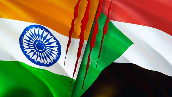 India and Sudan flags with scar concept. Waving flag,3D rendering. India and Sudan conflict concept. India Sudan relations concept. flag of India and Sudan crisis,war, attack concep