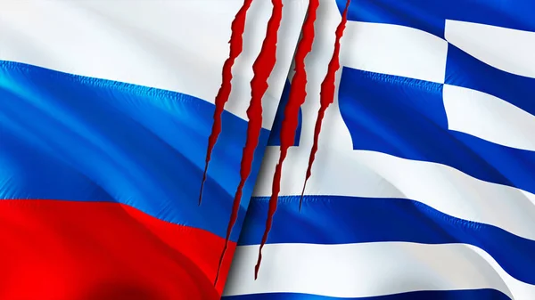 Russia and Greece flags with scar concept. Waving flag,3D rendering. Russia and Greece conflict concept. Russia Greece relations concept. flag of Russia and Greece crisis,war, attack concep