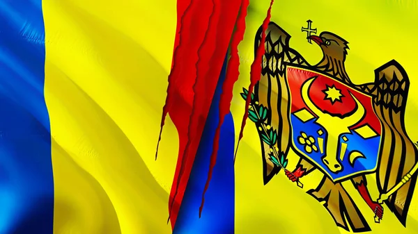 Bandeiras Roménia Moldávia Com Conceito Cicatriz Bandeira Ondulada Renderização Conceito — Fotografia de Stock