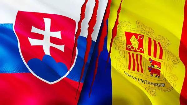Bandeiras Eslováquia Andorra Com Conceito Cicatriz Bandeira Ondulada Renderização Conceito — Fotografia de Stock