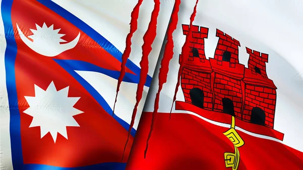 Flagi Nepalu Gibraltaru Blizną Machanie Flagą Renderowanie Koncepcja Konfliktu Nepalu — Zdjęcie stockowe
