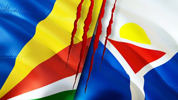 Seychelles and Saint Martin flags with scar concept. Waving flag,3D rendering. Seychelles and Saint Martin conflict concept. Seychelles Saint Martin relations concept. flag of Seychelles and Sain