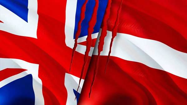 Birleşik Krallık Letonya Bayraklarında Yara Izi Var Dalgalanan Bayrak Boyutlu — Stok fotoğraf