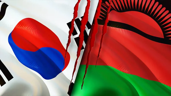 South Korea Malawi Flags Scar Concept Waving Flag Rendering South — Stock Photo, Image