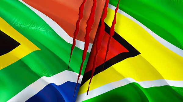 Sudáfrica Guyana Banderas Con Concepto Cicatriz Bandera Ondeante Representación Sudáfrica — Foto de Stock