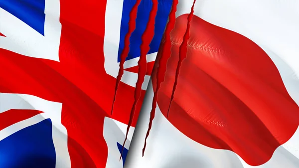 United Kingdom and Japan flags with scar concept. Waving flag,3D rendering. United Kingdom and Japan conflict concept. United Kingdom Japan relations concept. flag of United Kingdom and Japa