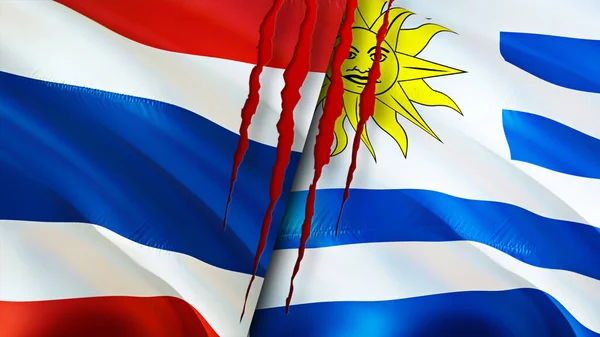 Thailand Und Uruguay Flaggen Mit Narbenkonzept Fahnenschwenken Rendering Thailand Und — Stockfoto