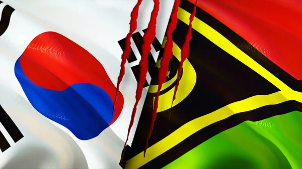 Bandeiras Coreia Sul Vanuatu Com Conceito Cicatriz Bandeira Ondulada Renderização — Fotografia de Stock