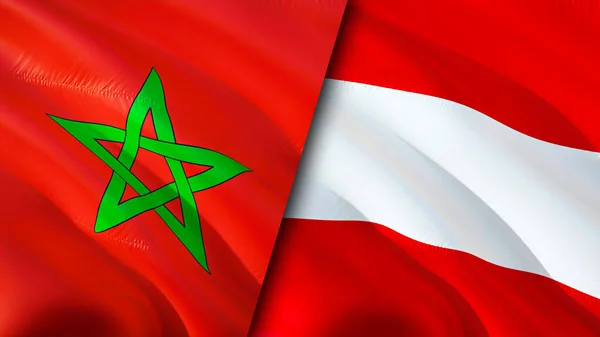 Morocco and Austria flags. 3D Waving flag design. Morocco Austria flag, picture, wallpaper. Morocco vs Austria image,3D rendering. Morocco Austria relations alliance and Trade,travel,tourism concep